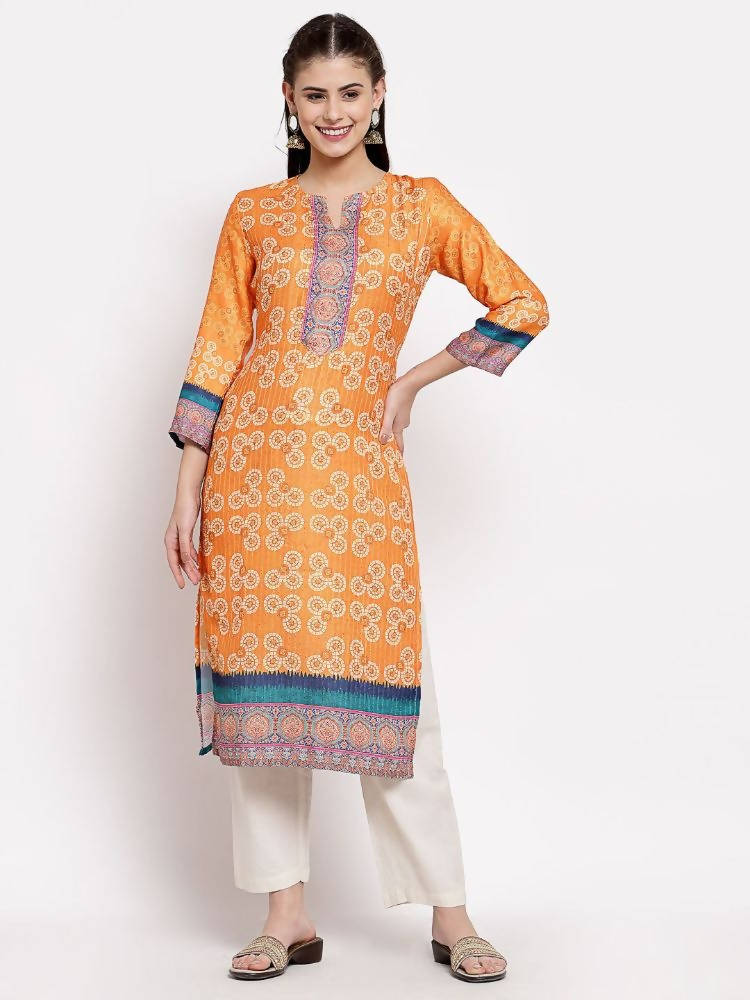 Myshka Women's Multi Cotton Printed 3/4 Sleeve Round Neck Casual Kurta | Grocsy