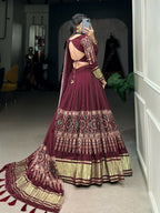 Vastranavya Traditional Every Occasion Gaji Silk Digital Print With Lagadi Patta Lehenga with Unstitched Blouse - Maroon | Grocsy