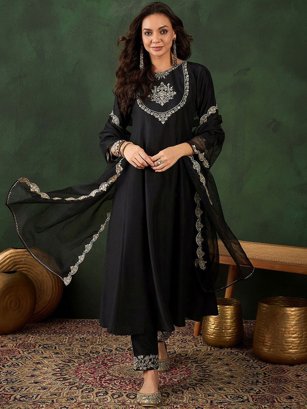 Sangria Black Floral Embroidered Round Neck Zari A-Line Kurta With Trouser & Dupatta | Grocsy