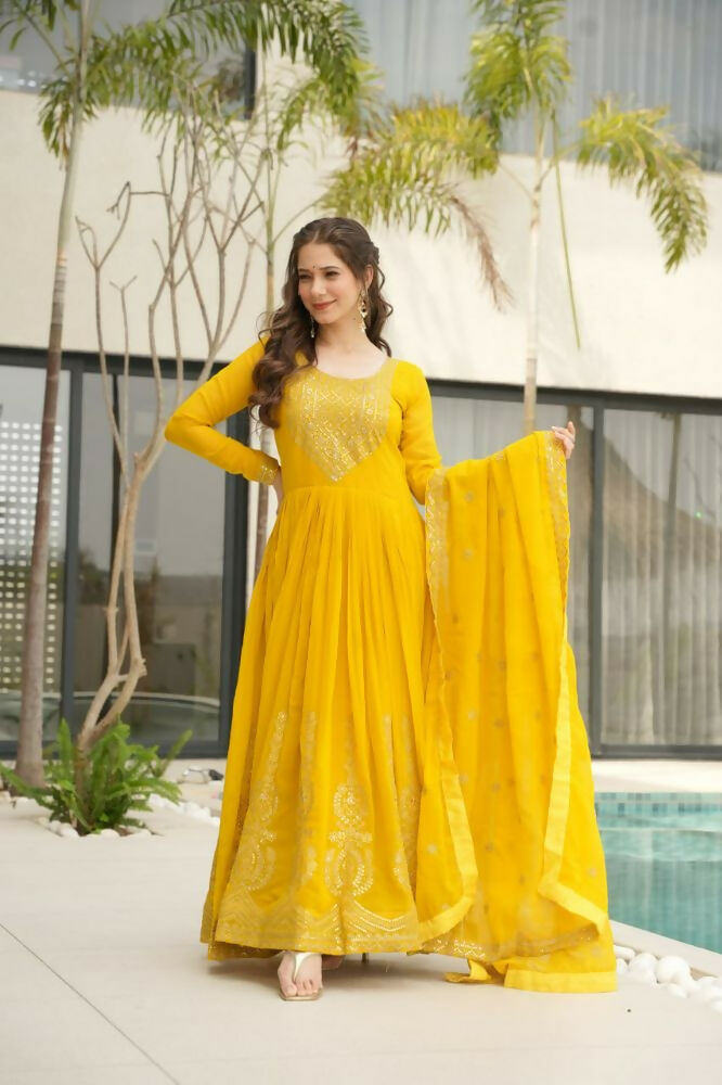 Vastranavya Yellow Faux Blooming with Embroidery Zari Sequins Work Gown | Grocsy