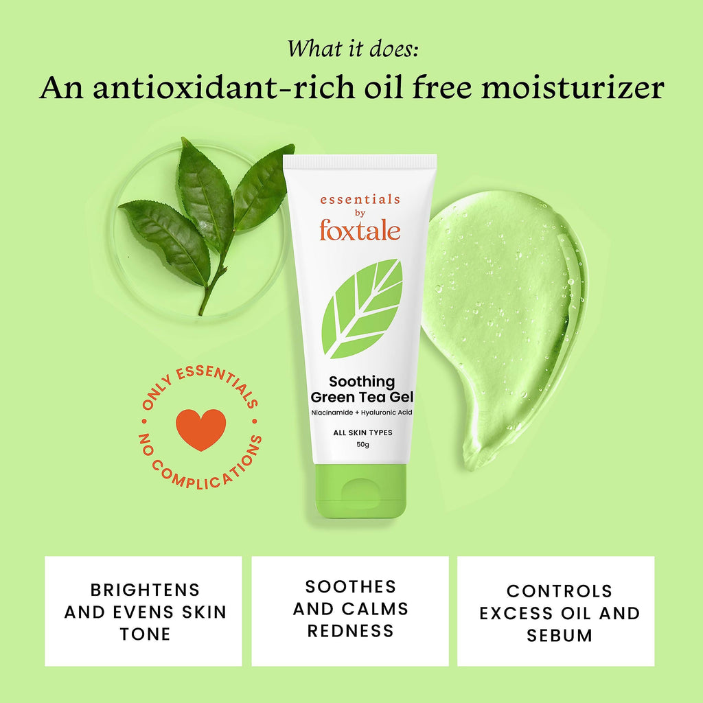 Foxtale Essentials Green Tea Oil-Free Gel Face Moisturizer - Hydrates, Brightens And Prevents Acne | Grocsy