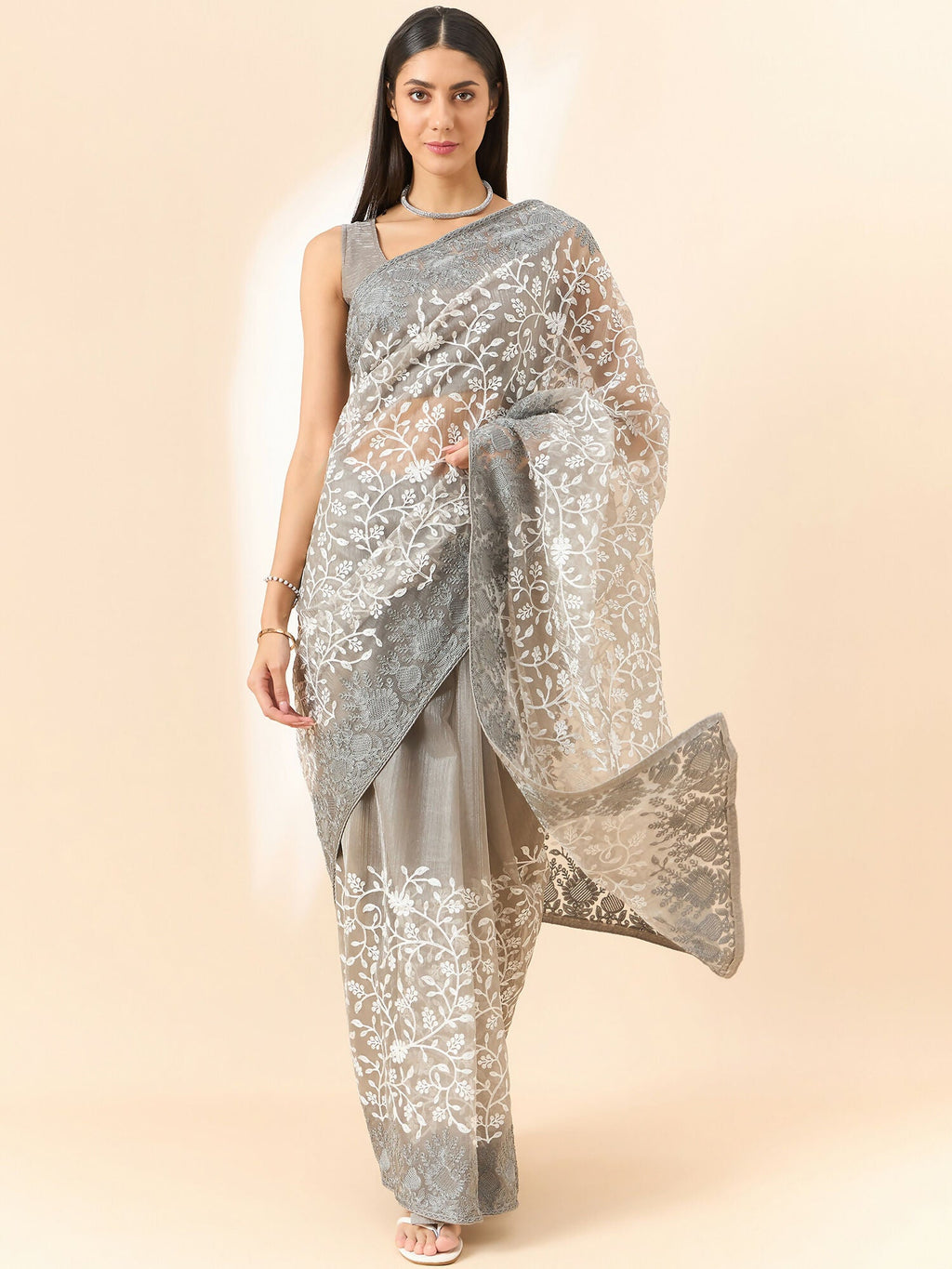 Grey Organza Floral Embroidered Saree with Unstitched Blouse Piece - Roozal | Grocsy
