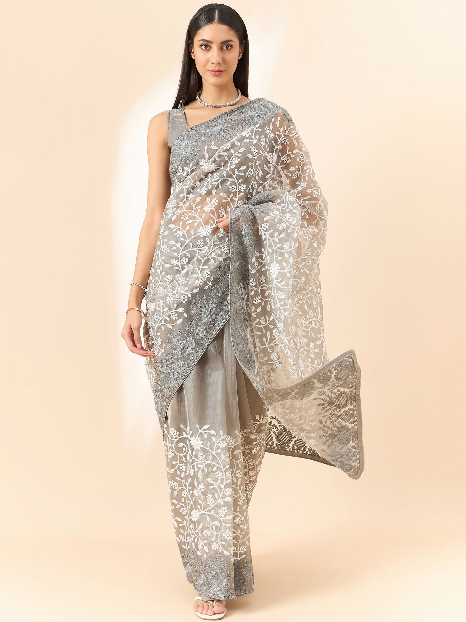 Grey Organza Floral Embroidered Saree with Unstitched Blouse Piece - Roozal | Grocsy