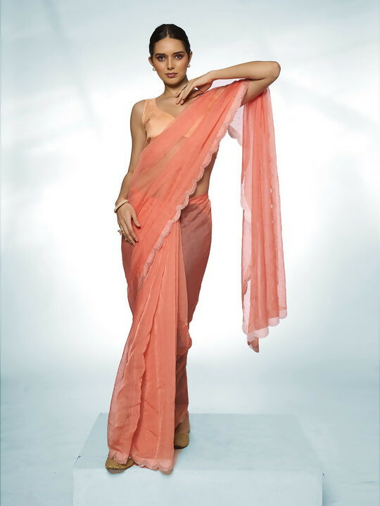Orange Organza Swarovski Designer Saree - Shezlin | Grocsy