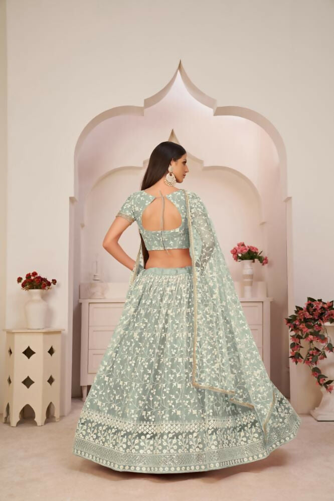 Aastha Fashion Turquoise Green Butterfly Net White Cotton Thread Work, Zari Work And Sandwich Sequence Work Embroidery Wedding Wear Lehenga Choli | Grocsy