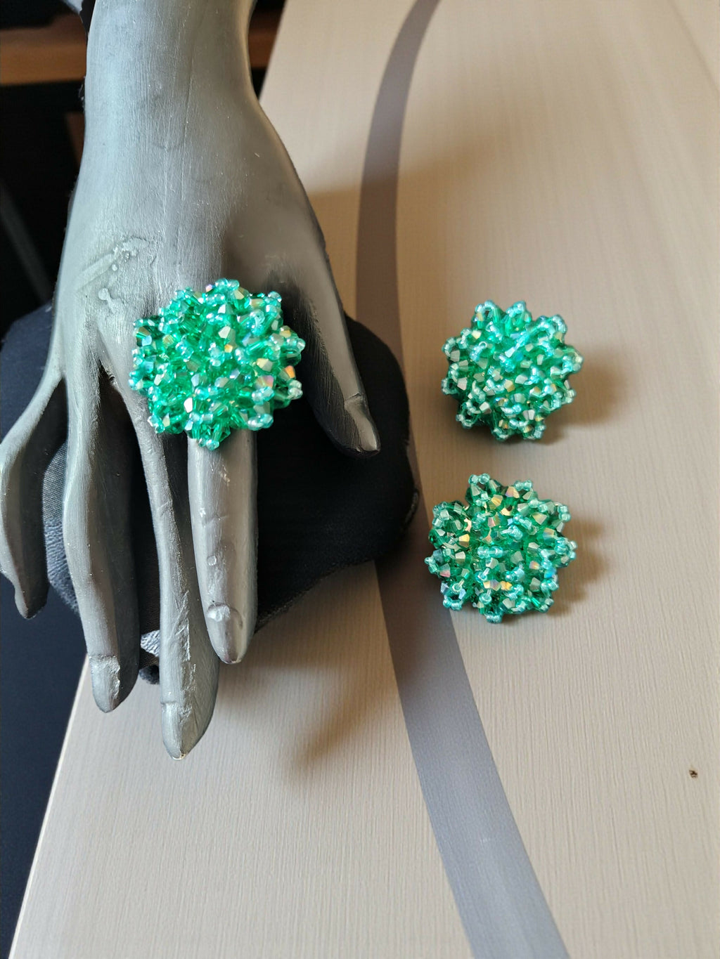 Inhanns Rangmani Crystal Duo – Adjustable Ring + Statement Earrings Set - Sea Green | Grocsy