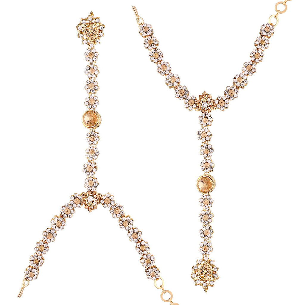 kundan and Pearl Bracelet with Pearl Chain Ring handchain Hath phool for Women - Wahe Jewels - Swadesiicart