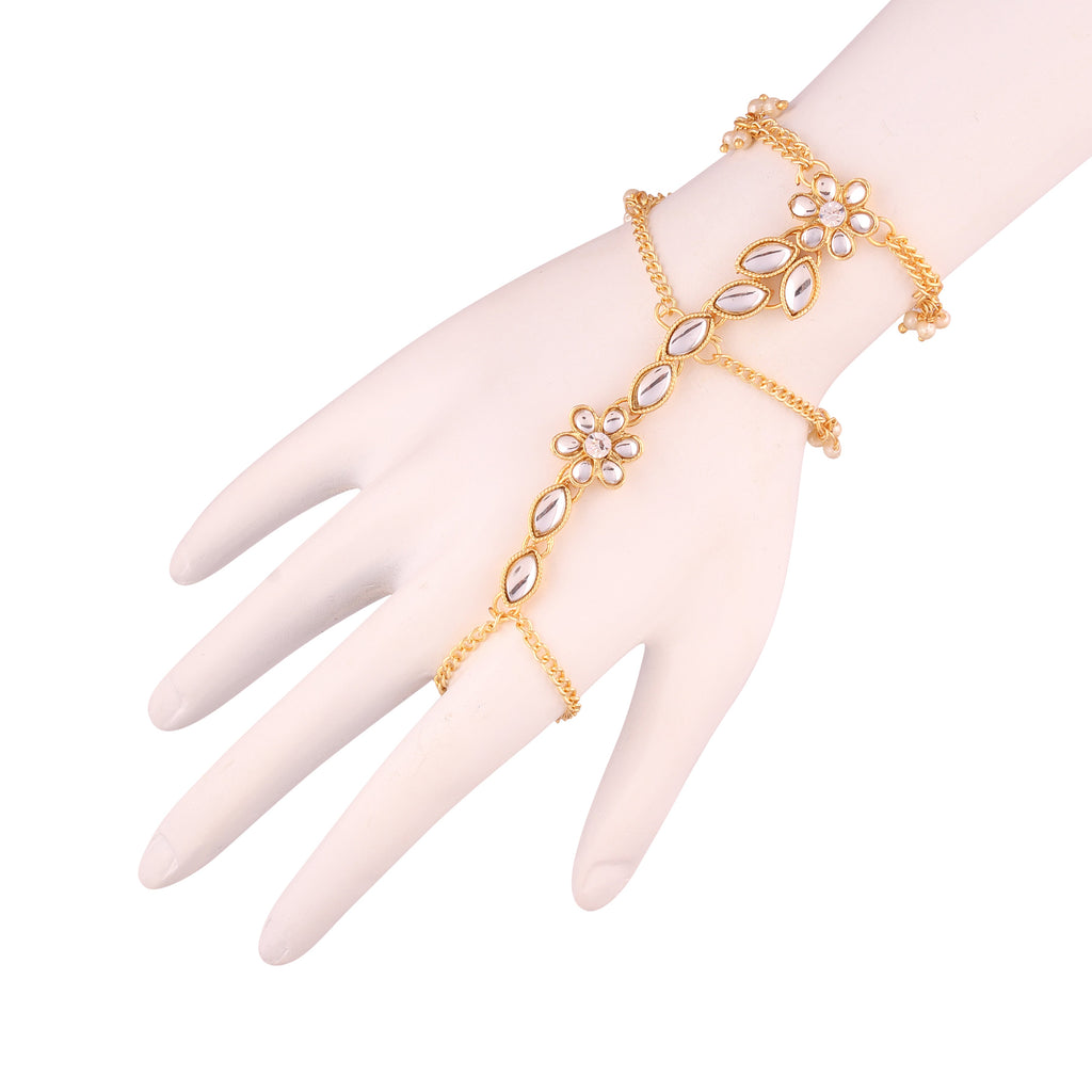 Traditional Gold-Polished Kundan Pearl Hath Phool/Punja/Adjustable Chain Bracelet with Ring for Women - Wahe Jewels - Swadesiicart