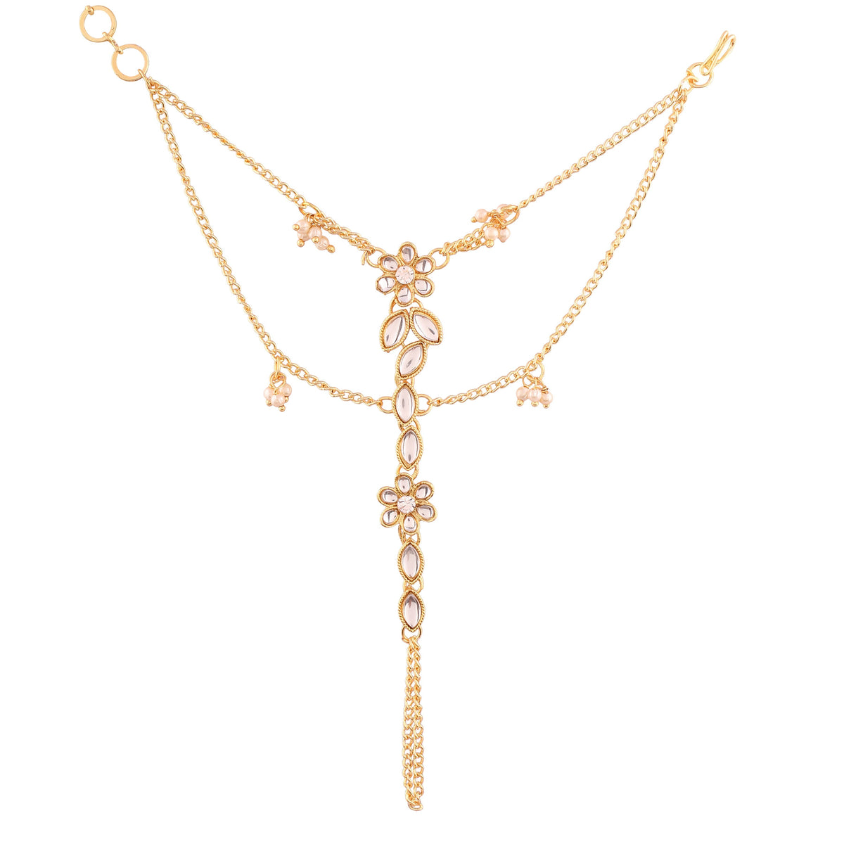 Traditional Gold-Polished Kundan Pearl Hath Phool/Punja/Adjustable Chain Bracelet with Ring for Women - Wahe Jewels - Swadesiicart