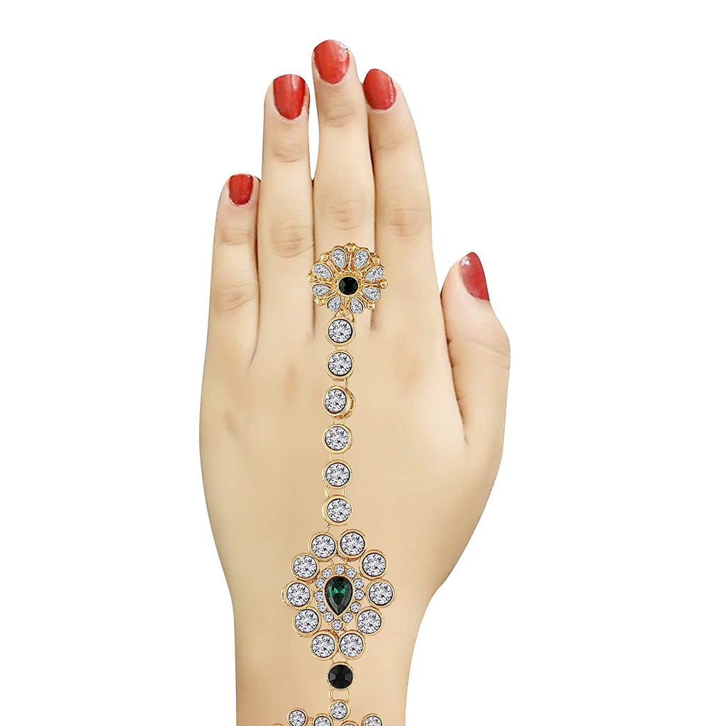 Traditional Gold-Polished CZ Haath Phool/Panja/Adjustable Bracelet with Ring for Women - Wahe Jewels - Swadesiicart