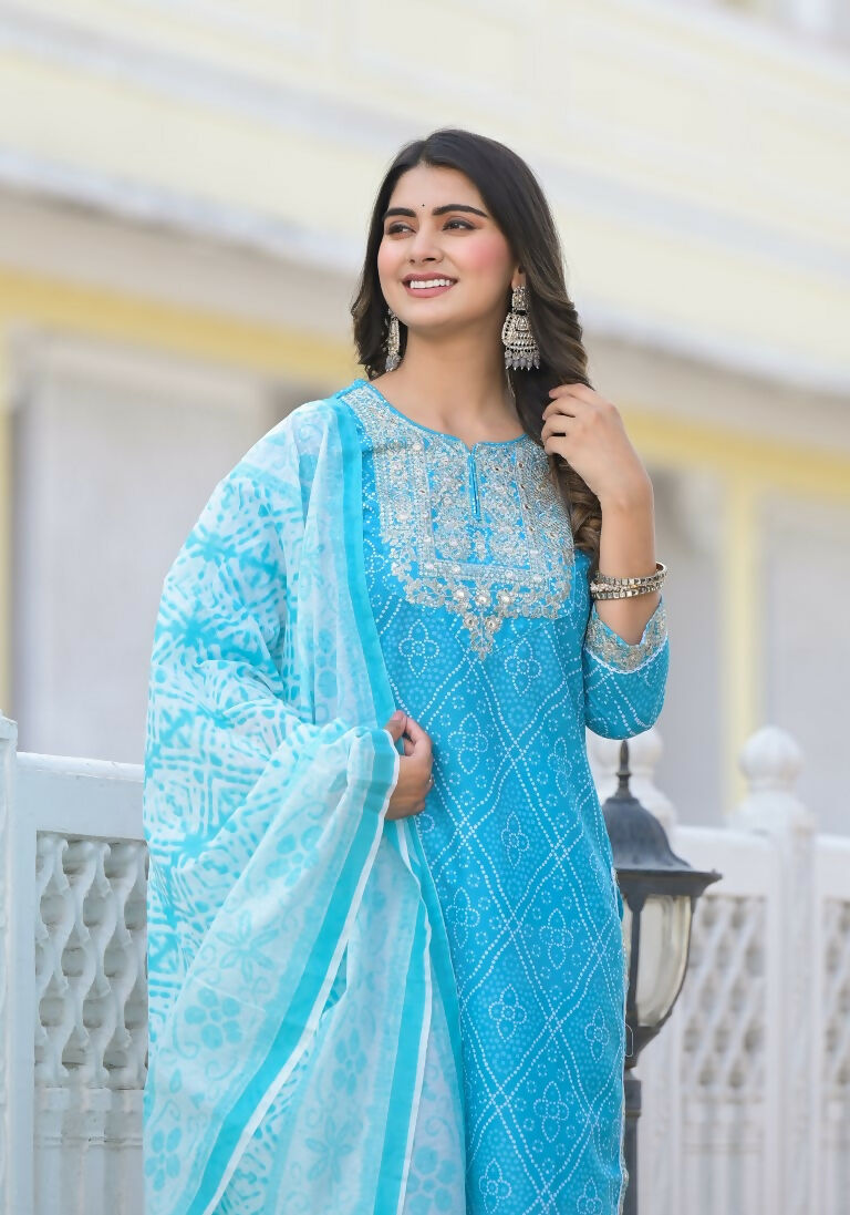 Partywear Designer sky blue cotton Stitched Suit With Dupatta - Tanisha | Grocsy