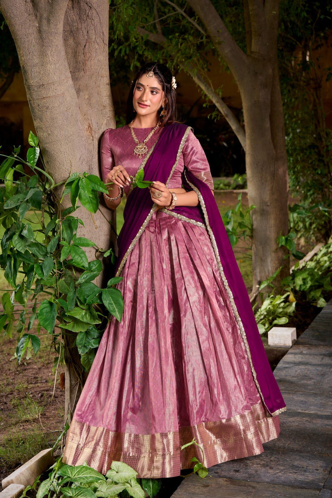 Evanik Traditional Pink Dupion Silk With Zari Weaving Work Lehenga Choli | Grocsy