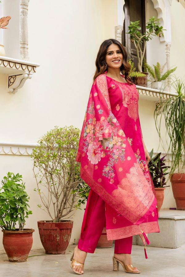 The52 Women Gorgeous Chanderi Cotton Fabric Straight Kurta, Pant and Dupatta Set | Grocsy