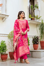 The52 Women Gorgeous Chanderi Cotton Fabric Straight Kurta, Pant and Dupatta Set | Grocsy