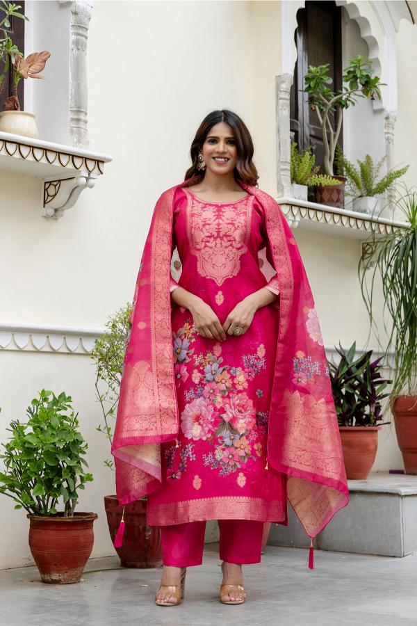 The52 Women Gorgeous Chanderi Cotton Fabric Straight Kurta, Pant and Dupatta Set | Grocsy