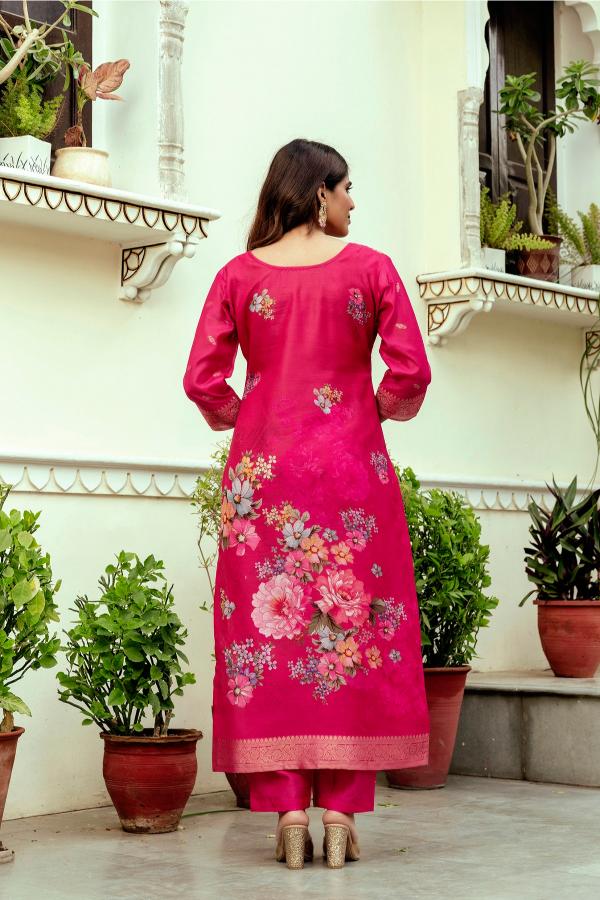 The52 Women Gorgeous Chanderi Cotton Fabric Straight Kurta, Pant and Dupatta Set | Grocsy