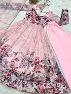 Lorenvalley Fashion Women Pure Soft Organza Silk Floral Print Fully Flair Anarkali With Pent Dupatta Set - Pink | Grocsy