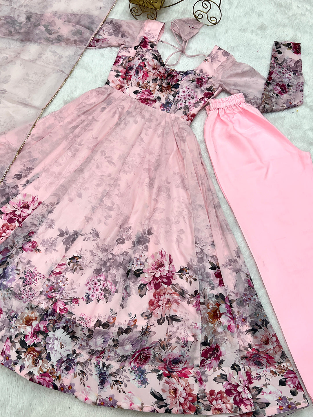 Lorenvalley Fashion Women Pure Soft Organza Silk Floral Print Fully Flair Anarkali With Pent Dupatta Set - Pink | Grocsy