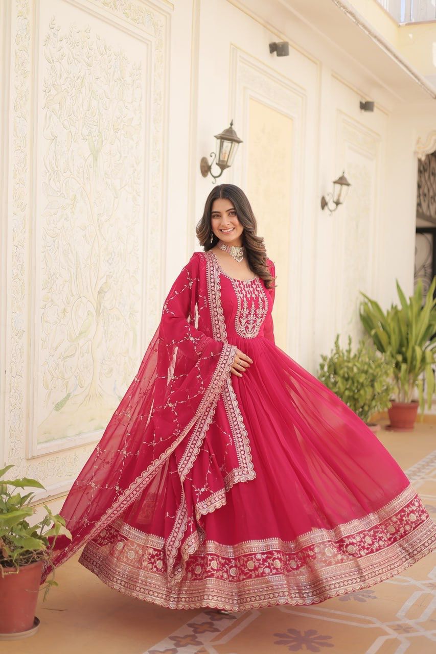 Evanik Pink Faux Blooming Gown with Dupatta With Attractive Embroidered Sequins work | Grocsy