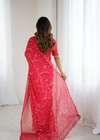 Lorenvalley Fashion Pink Solo Georgette Superb Finishing Foils Print & Fancy Zalar Lace in Border Saree with Blouse | Grocsy