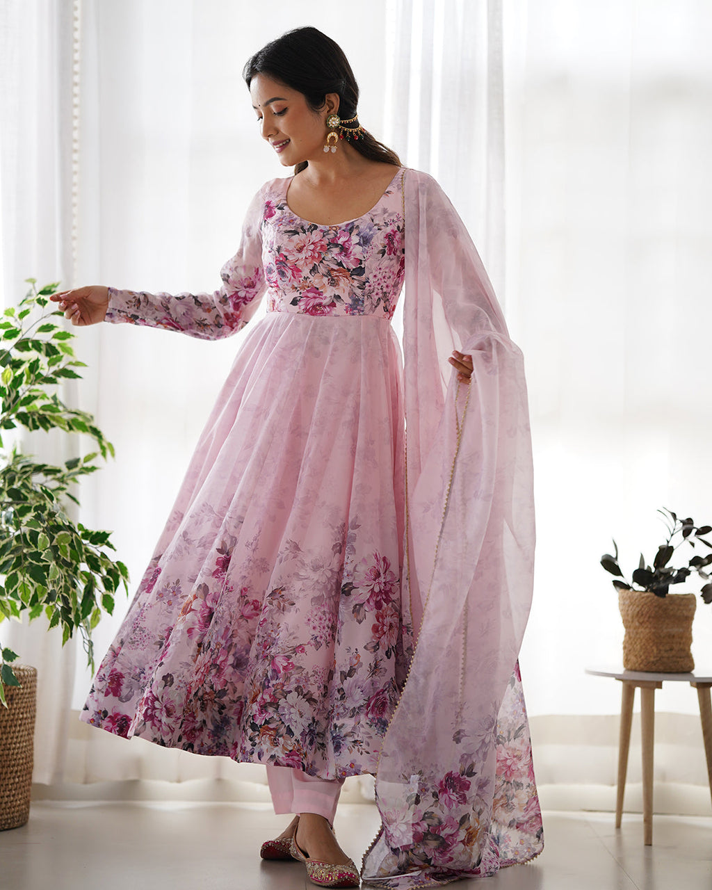 Lorenvalley Fashion Women Pure Soft Organza Silk Floral Print Fully Flair Anarkali With Pent Dupatta Set - Pink | Grocsy