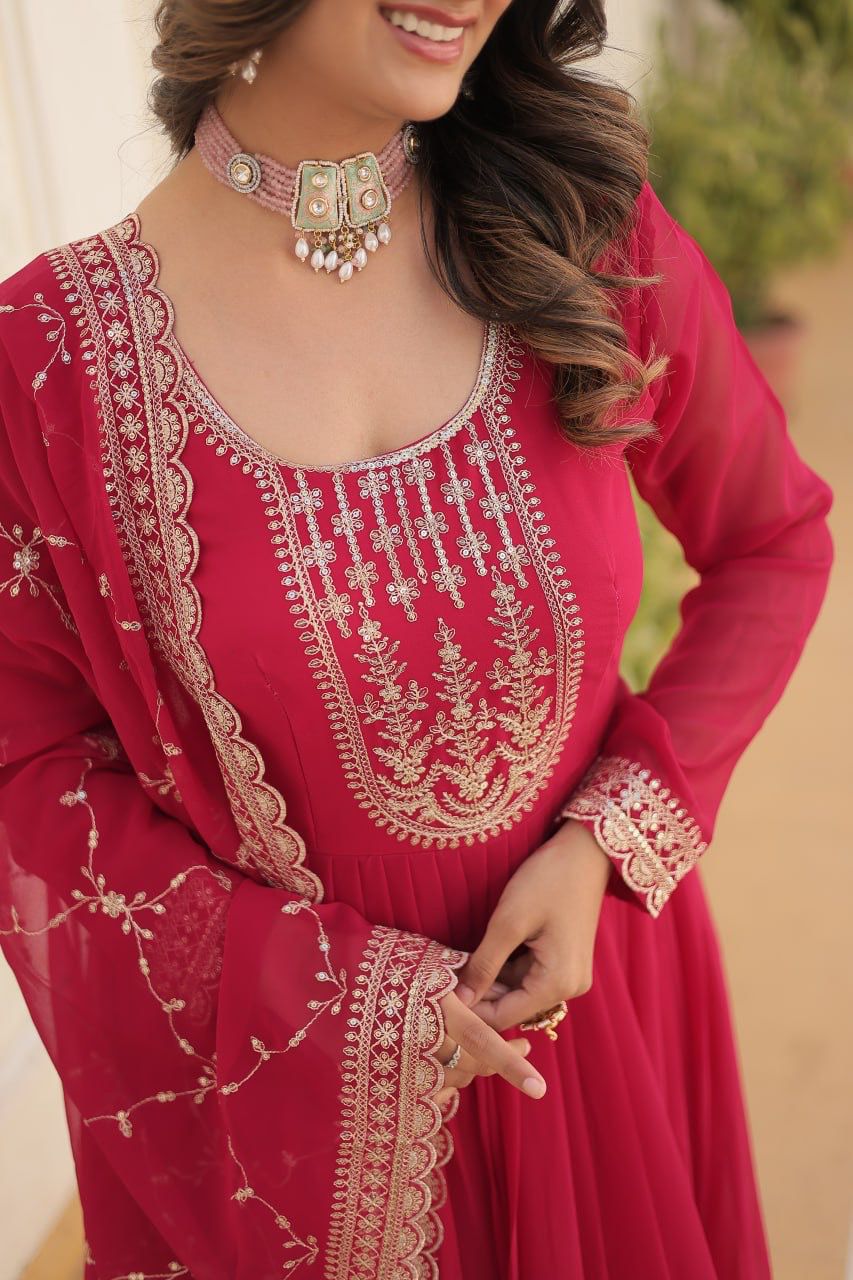 Evanik Pink Faux Blooming Gown with Dupatta With Attractive Embroidered Sequins work | Grocsy