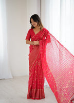 Lorenvalley Fashion Pink Solo Georgette Superb Finishing Foils Print & Fancy Zalar Lace in Border Saree with Blouse | Grocsy
