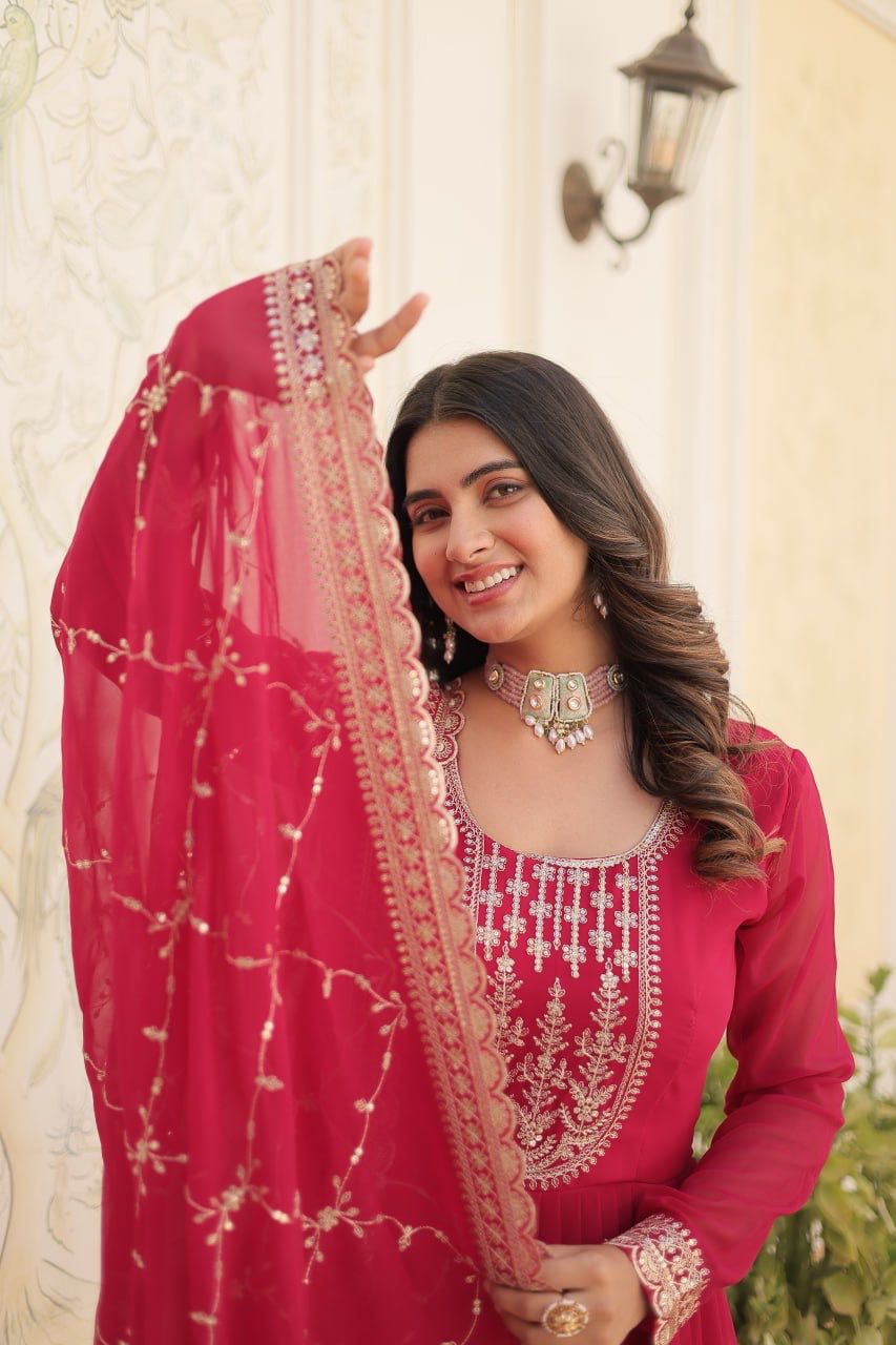 Evanik Pink Faux Blooming Gown with Dupatta With Attractive Embroidered Sequins work | Grocsy