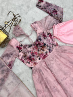 Lorenvalley Fashion Women Pure Soft Organza Silk Floral Print Fully Flair Anarkali With Pent Dupatta Set - Pink | Grocsy