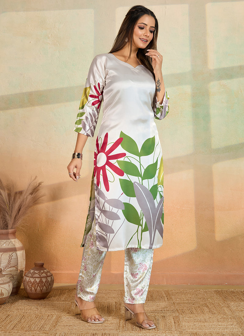 Prazu Fashion Off White Printed Cotton Reyon Kurta Pant Set | Grocsy