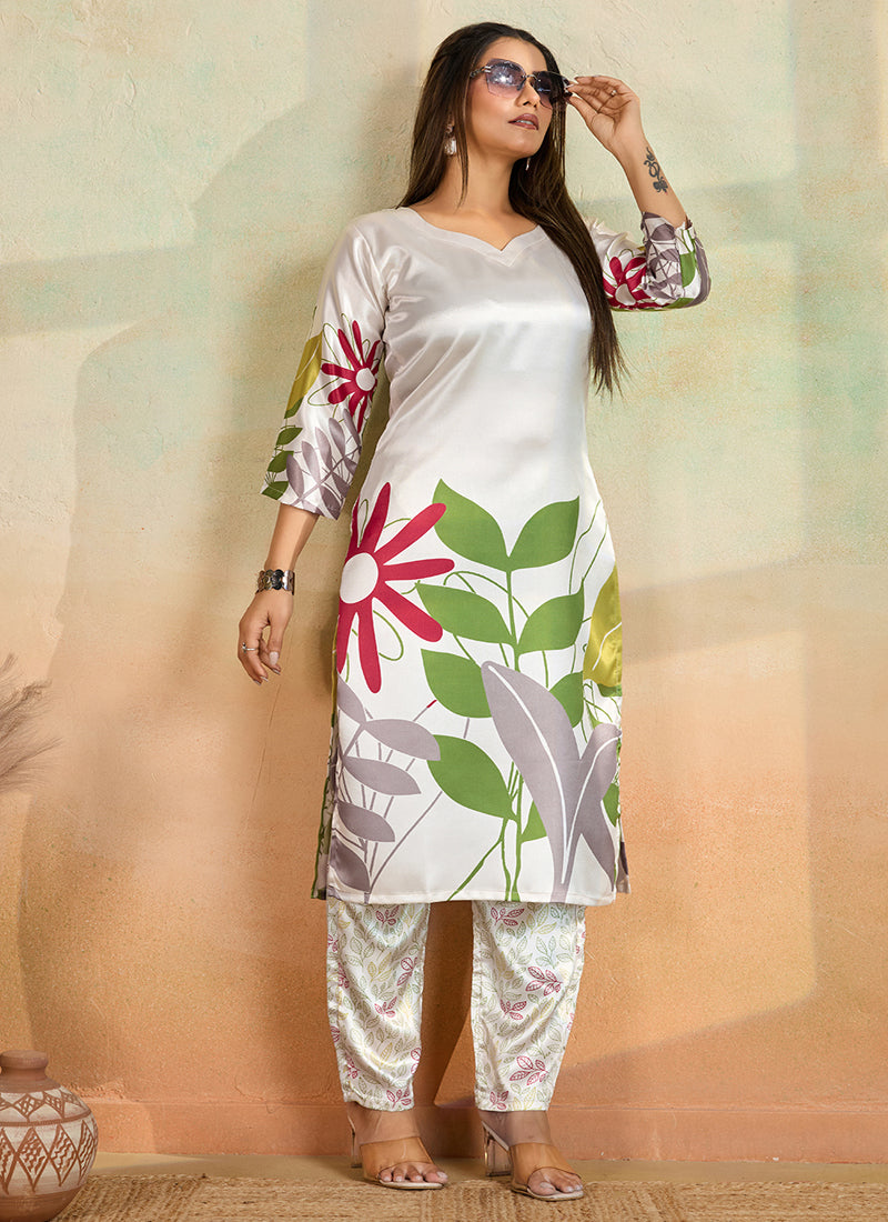 Prazu Fashion Off White Printed Cotton Reyon Kurta Pant Set | Grocsy