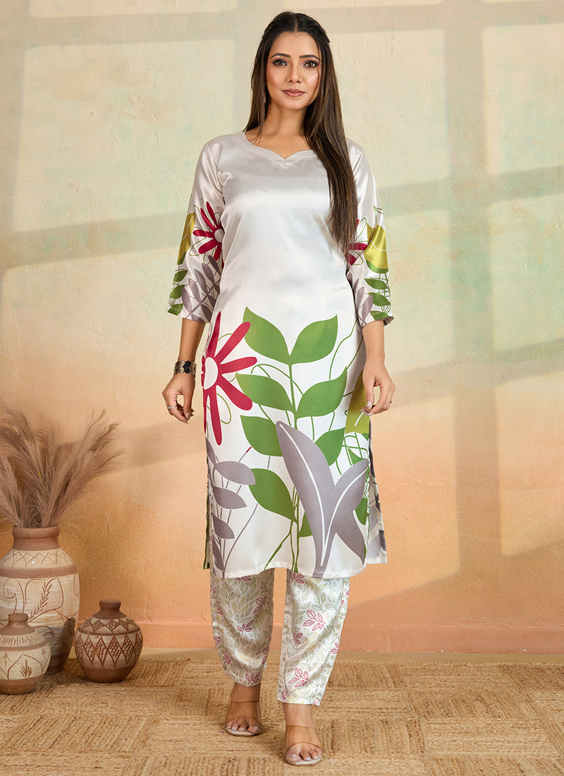 Prazu Fashion Off White Printed Cotton Reyon Kurta Pant Set | Grocsy
