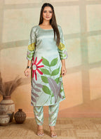 Prazu Fashion Light Pista Printed Cotton Reyon Kurta Pant Set | Grocsy