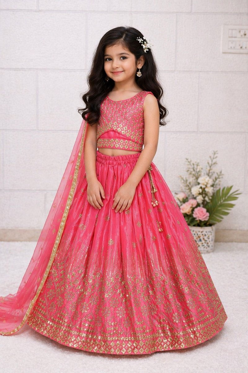 Evanik Pink Chinon Silk Embroidered Work Wedding Kids Lehenga Choli | Grocsy