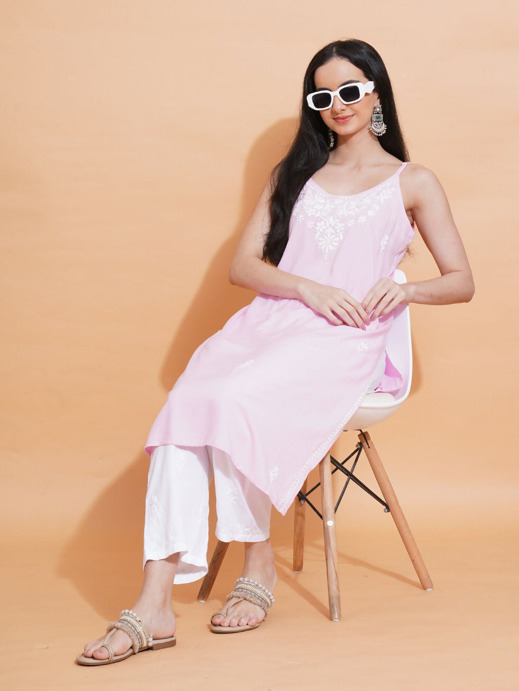 Pahnaz Luxury Rayon Chikankari Sleeveless Long Kurti-Pink | Grocsy