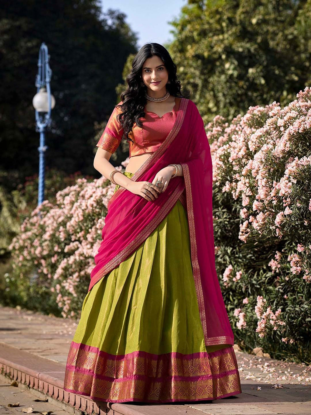 Lorenvalley Green Kanchipuram Zari Weaving Work Lehenga Choli with Dupatta | Grocsy
