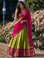 Evanik Women South-Style Kanchipuram Silk Stitched Lehenga With Unstitched Blouse & Dupatta | Grocsy