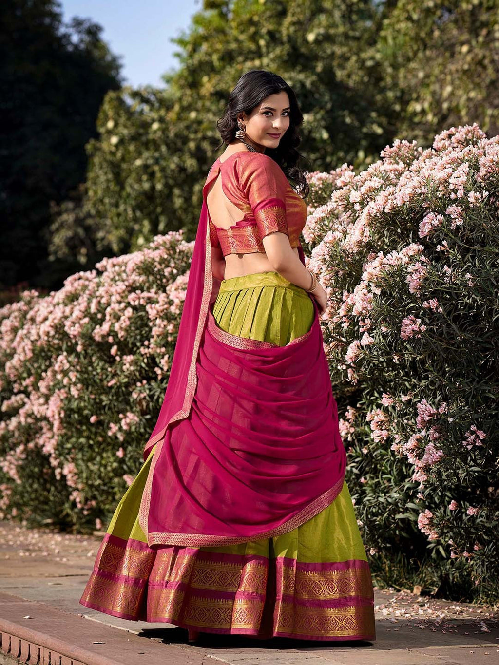 Evanik Women South-Style Kanchipuram Silk Stitched Lehenga With Unstitched Blouse & Dupatta | Grocsy