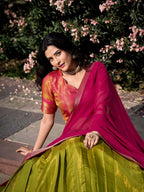 Evanik Women South-Style Kanchipuram Silk Stitched Lehenga With Unstitched Blouse & Dupatta | Grocsy