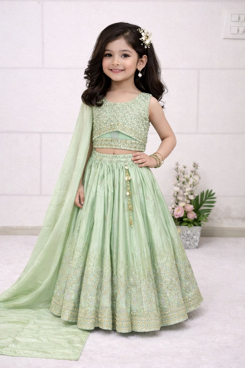 Evanik Pista Chinon Silk Embroidered Work Wedding Kids Lehenga Choli | Grocsy