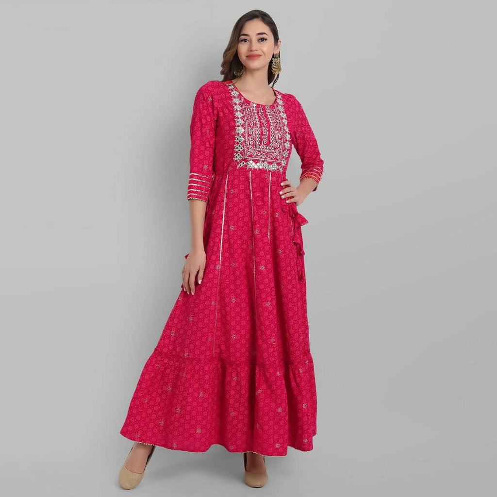 Juniper Fuchsia Rayon Festive Wear Embroidered Tiered Long Dress | Grocsy