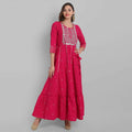 Juniper Fuchsia Rayon Festive Wear Embroidered Tiered Long Dress | Grocsy