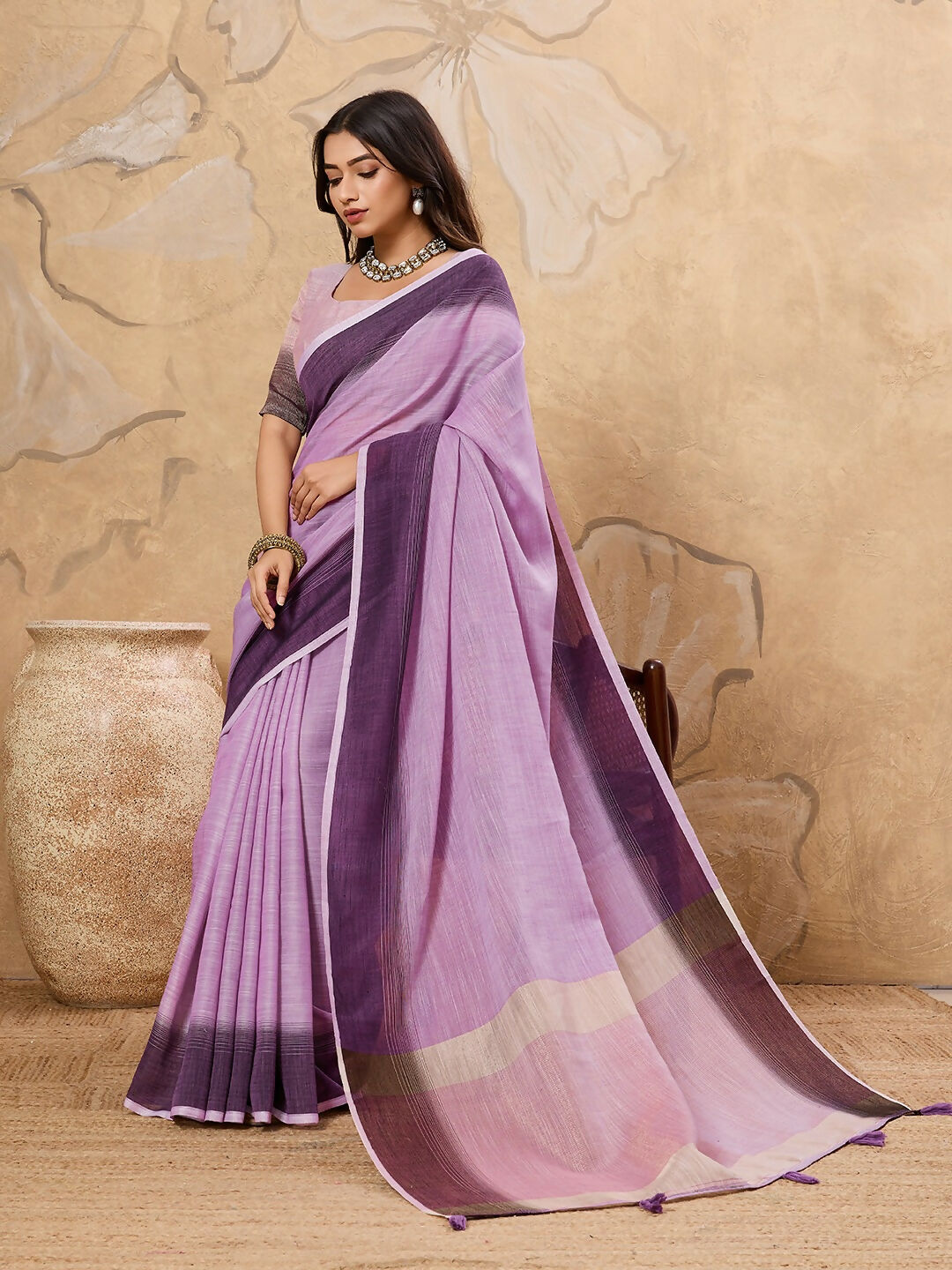 Shree Shyam Fashion Purple Linen Saree | Grocsy