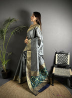 Joban Fashion Grey Banarasi Cotton Silk Woven Saree | Grocsy