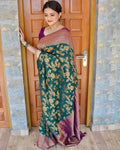 DEIANA'S Beautiful Designer Golden zari Soft Lichi Silk Saree - Teal | Grocsy