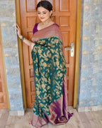 DEIANA'S Beautiful Designer Golden zari Soft Lichi Silk Saree - Teal | Grocsy