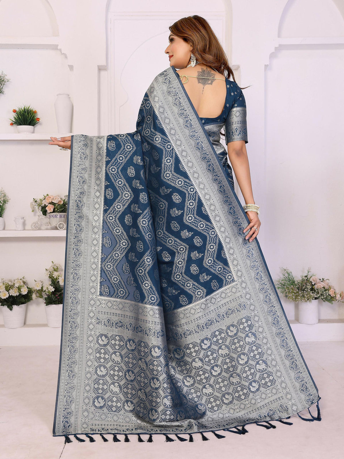Aastha Fashion Teal Blue Georgette Silk Leheriya With Elegant Zari Weaving Saree | Grocsy