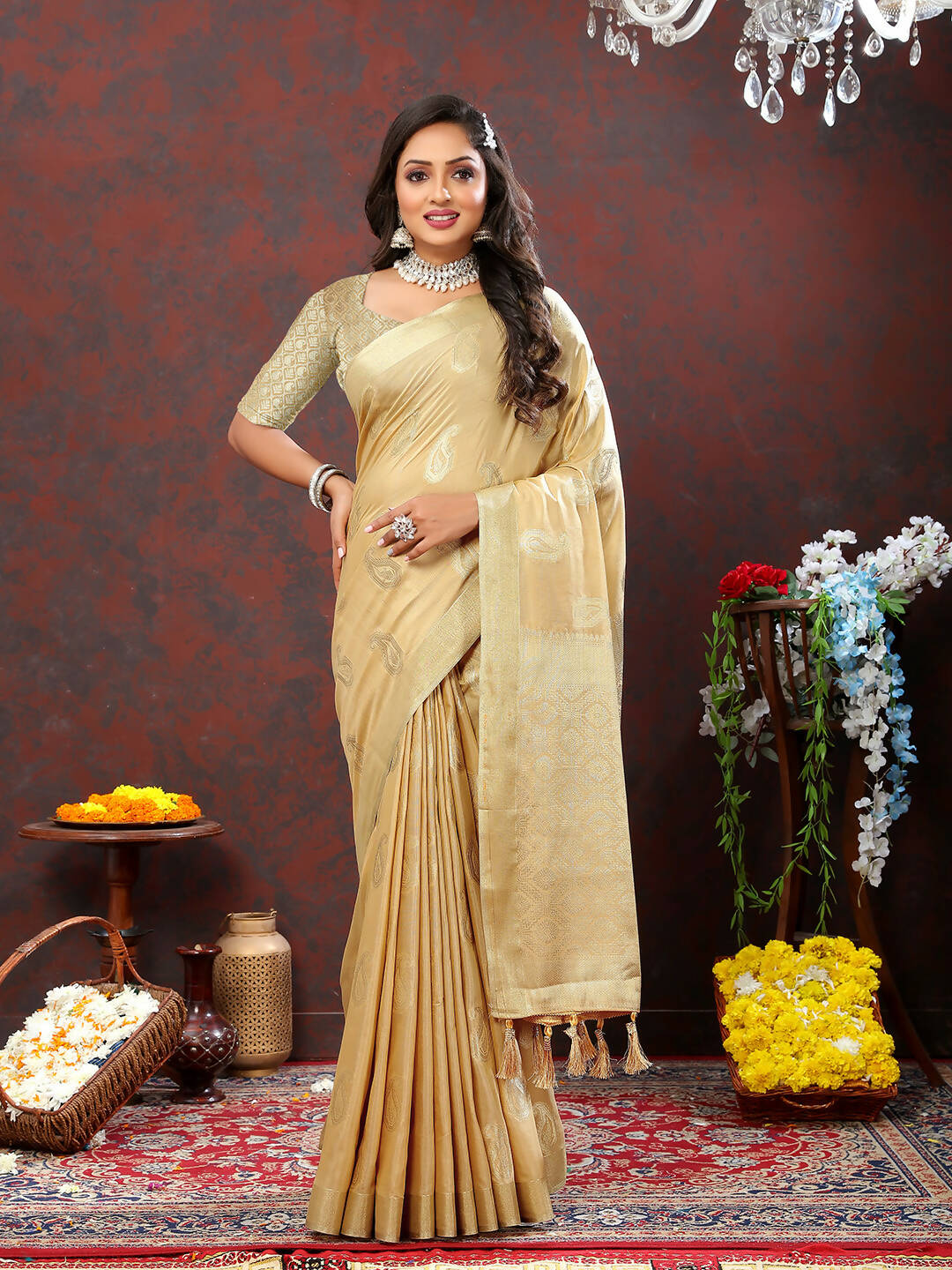 Lorenvalley Fashion Cream Cotton Woven Design with Zari Weaving Design Saree | Grocsy