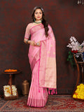 Lorenvalley Fashion Pink Soft Katan Silk Woven Design Zari Weaving Pallu Saree | Grocsy