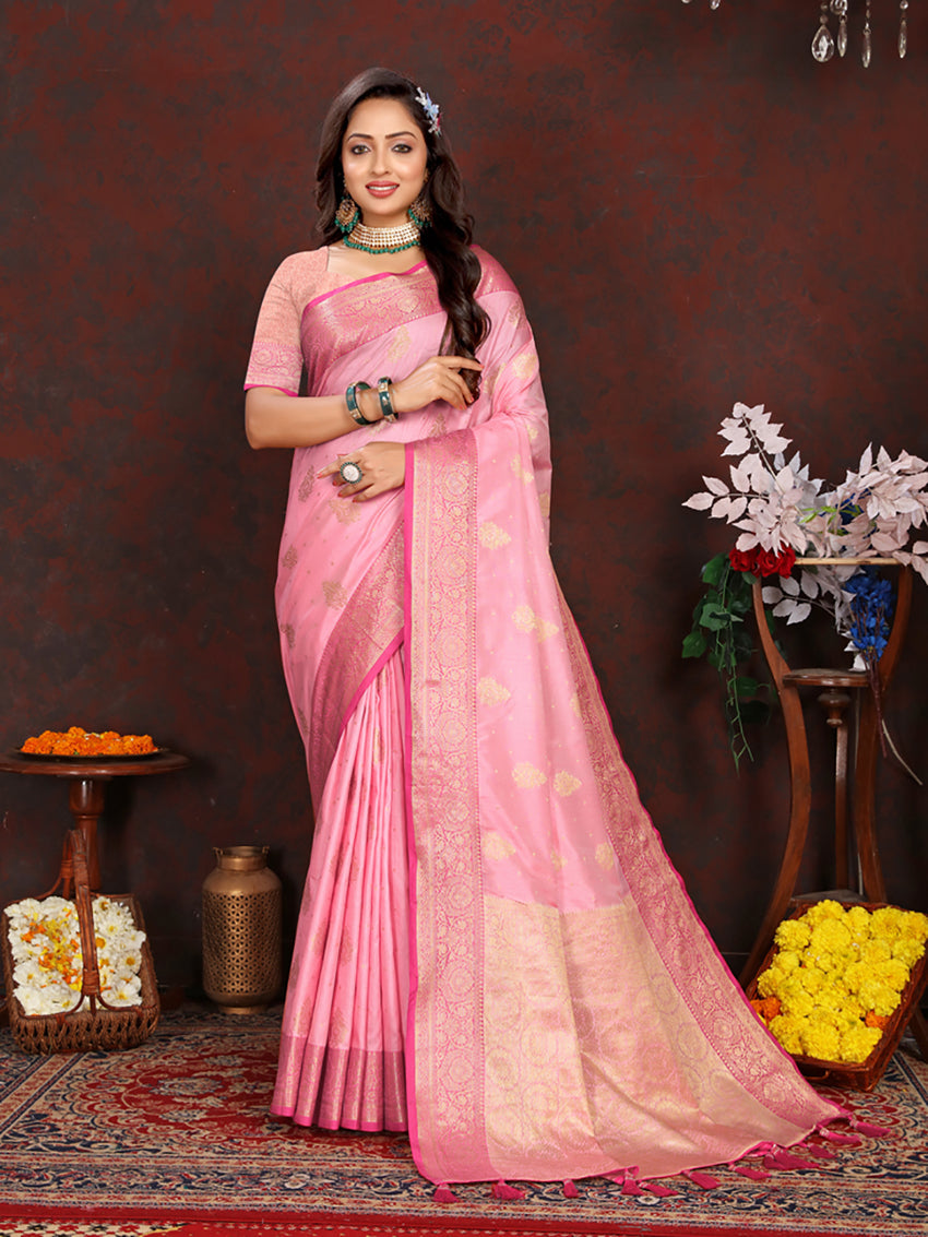 Lorenvalley Fashion Pink Soft Katan Silk Woven Design Zari Weaving Pallu Saree | Grocsy